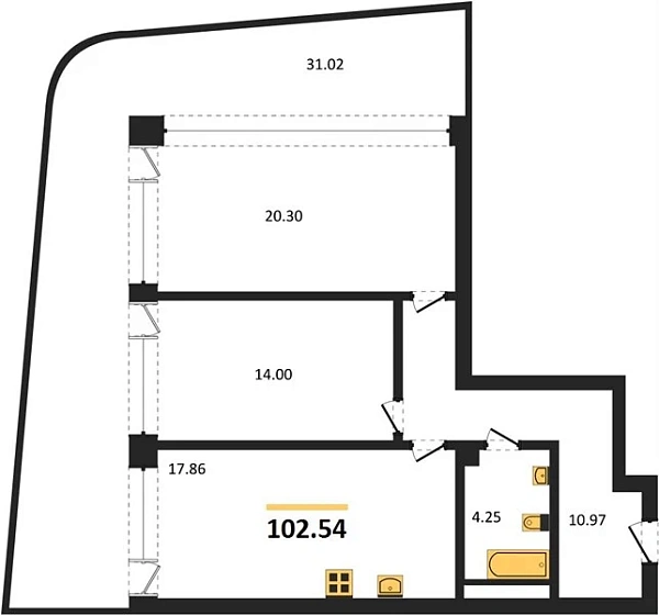 Апартаменты 2-комн. 102.54 кв. м