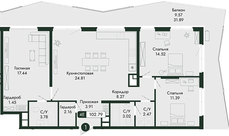Квартира 3-комн. 102.79 кв. м