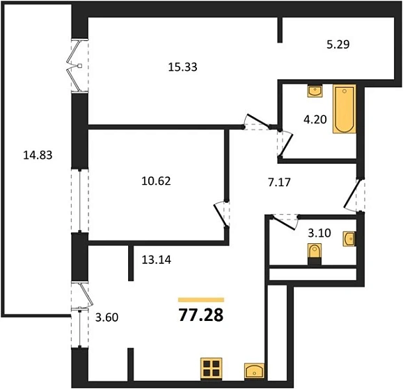 Квартира 2-комн. 77.28 кв. м