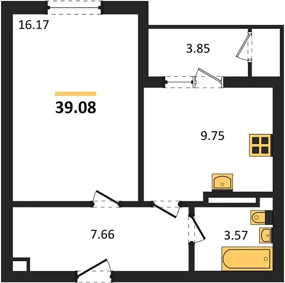 Квартира 1-комн. 39.08 кв. м
