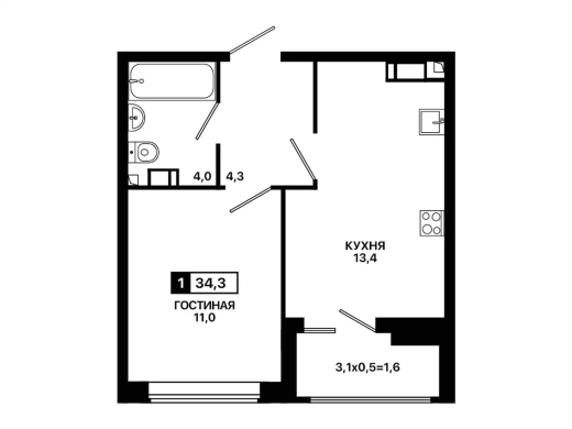 Квартира 1-комн. 34.3 кв. м