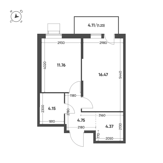 Квартира 1-комн. 42.73 кв. м