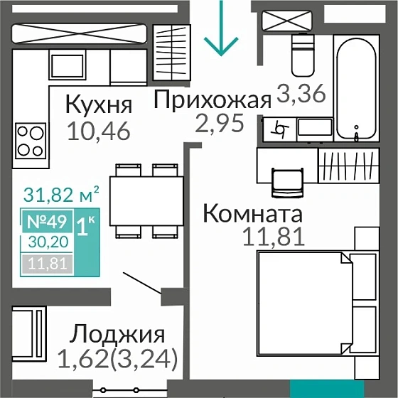 Квартира 1-комн. 30.2 кв.м