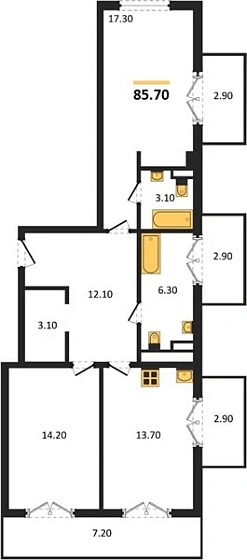 Квартира 2-комн. 85.7 кв. м