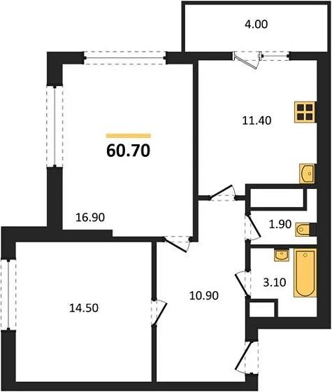 Квартира 2-комн. 60.7 кв. м