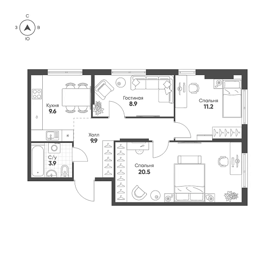 Квартира 3-комн. 64 кв. м