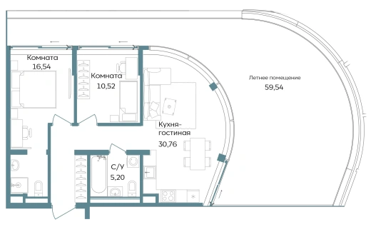 Апартаменты 2-комн. 122.56 кв. м