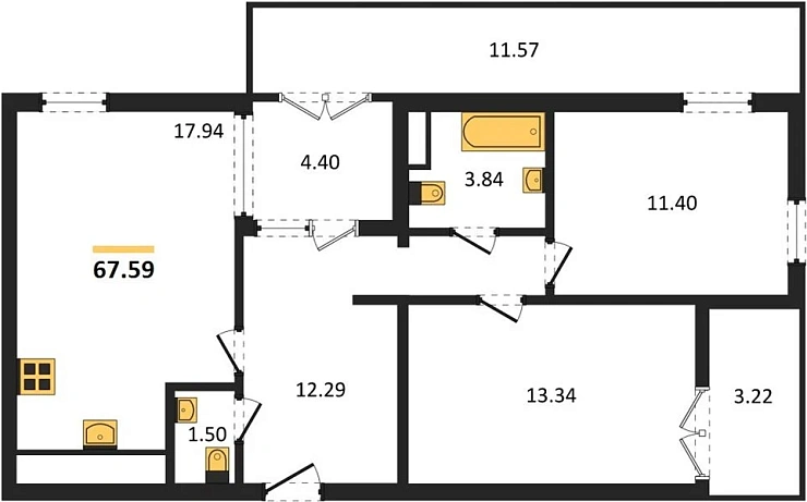 Квартира 2-комн. 67.59 кв. м