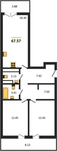 Квартира 2-комн. 67.57 кв. м