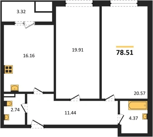 Квартира 2-комн. 78.51 кв. м