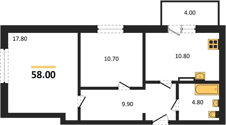Квартира 2-комн. 58 кв. м