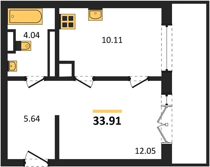 Квартира 1-комн. 33.91 кв. м