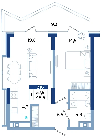 Апартаменты 1-комн. 57.9 кв.м