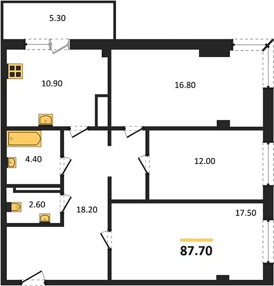 Квартира 3-комн. 87.7 кв. м