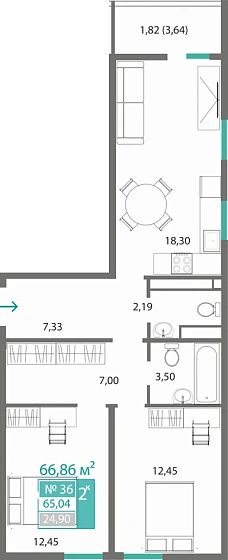 Квартира 2-комн. 65.04 кв.м