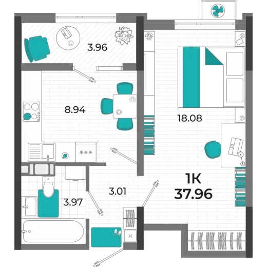 Квартира 1-комн. 37.96 кв. м