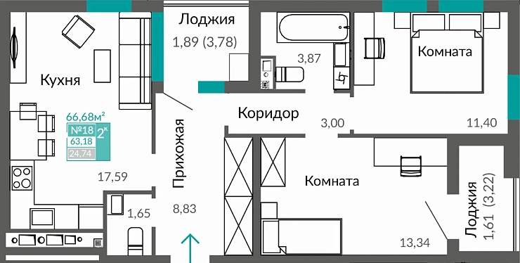 Квартира 2-комн. 63.18 кв.м
