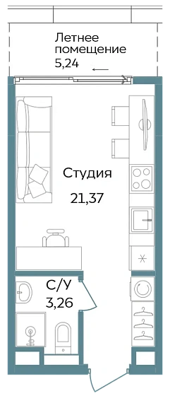 Апартаменты 1-комн. 29.87 кв. м