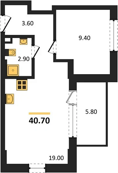 Апартаменты 1-комн. 40.7 кв. м