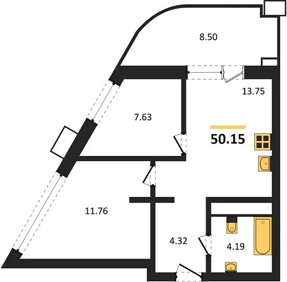 Апартаменты 2-комн. 50.15 кв. м