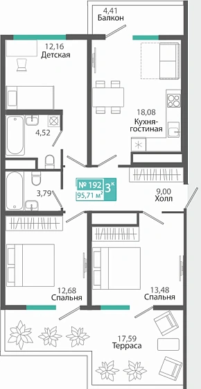 Квартира 3-комн. 95.71 кв.м