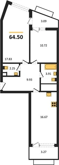 Квартира 2-комн. 64.5 кв. м