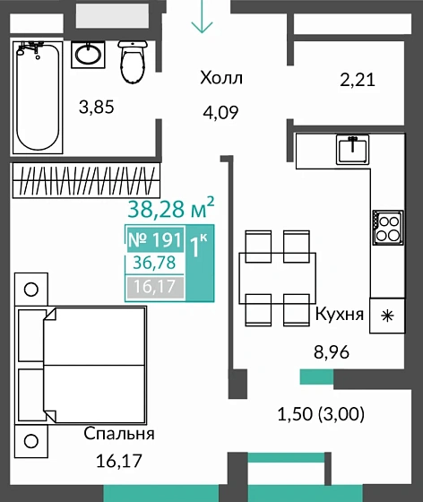 Квартира 1-комн. 36.78 кв.м