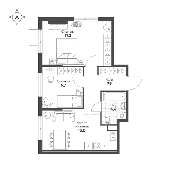 Квартира 2-комн. 54.3 кв. м