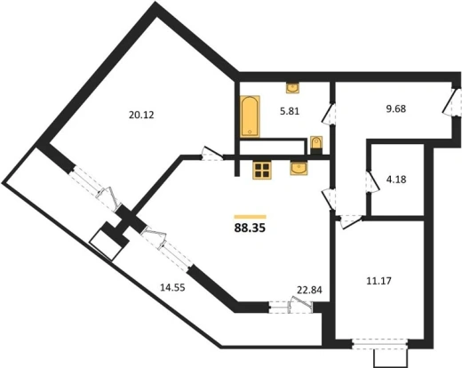 Квартира 2-комн. 88.35 кв. м