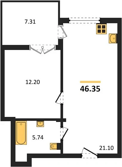 Квартира 1-комн. 46.35 кв. м