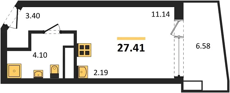 Апартаменты 1-комн. 27.41 кв. м