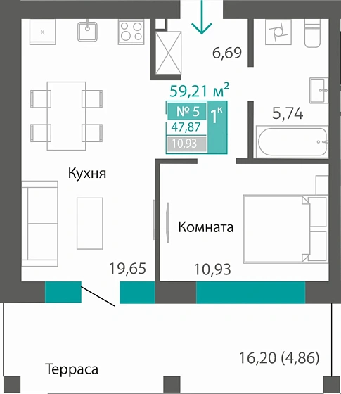 Квартира 1-комн. 47.87 кв.м