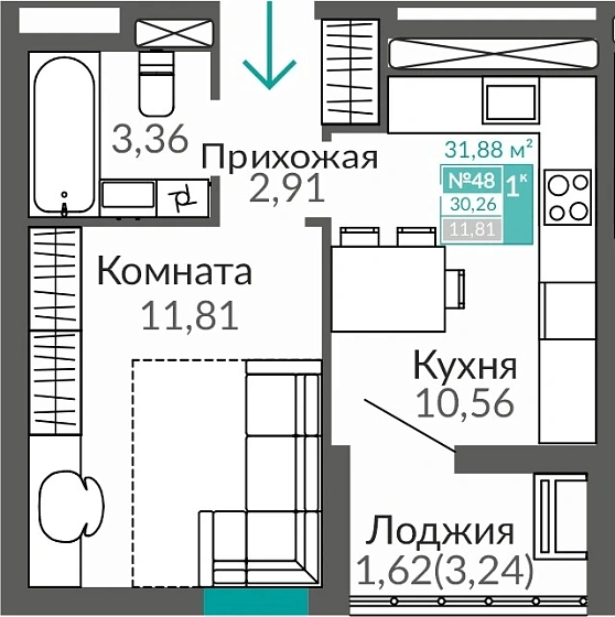 Квартира 1-комн. 30.26 кв.м