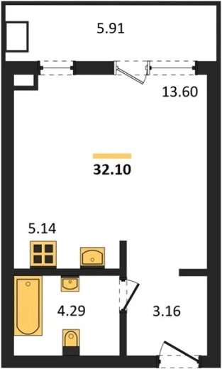 Апартаменты Студия 32.1 кв. м