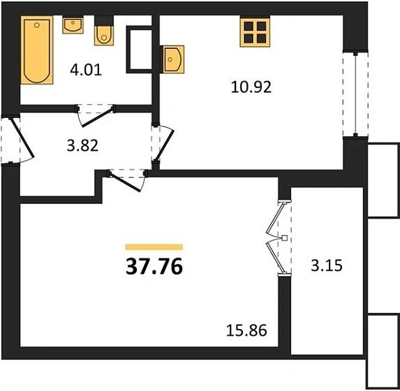 Квартира 1-комн. 37.76 кв. м