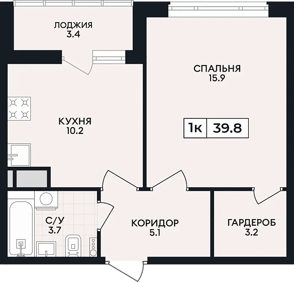 Квартира 1-комн. 39.8 кв. м