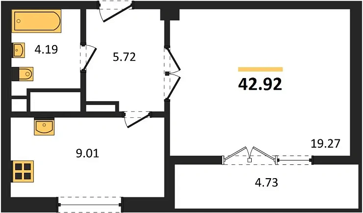 Квартира 1-комн. 42.92 кв. м