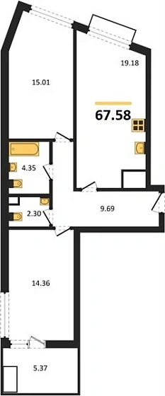 Квартира 2-комн. 67.58 кв. м