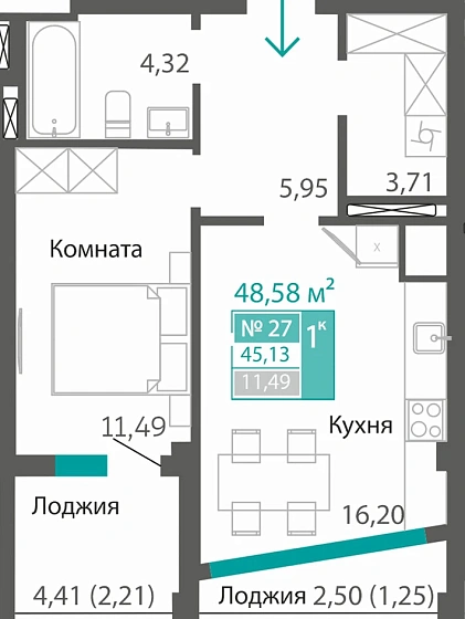 Квартира 1-комн. 45.13 кв.м