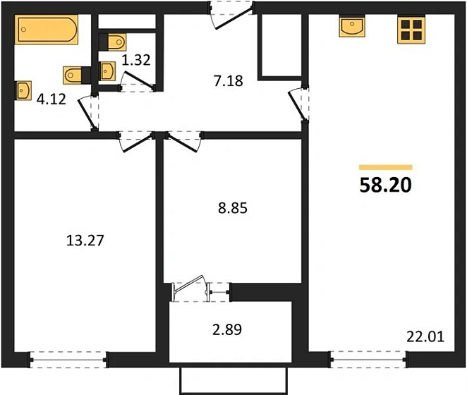Квартира 2-комн. 58.2 кв. м