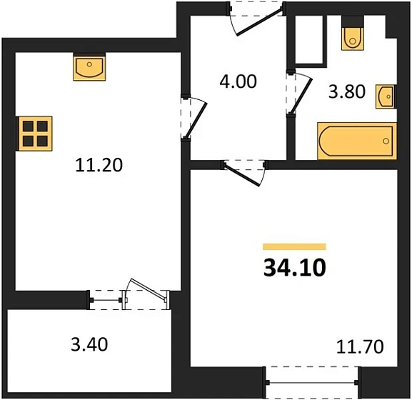 Квартира 1-комн. 34.1 кв. м