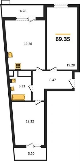 Квартира 2-комн. 69.35 кв. м