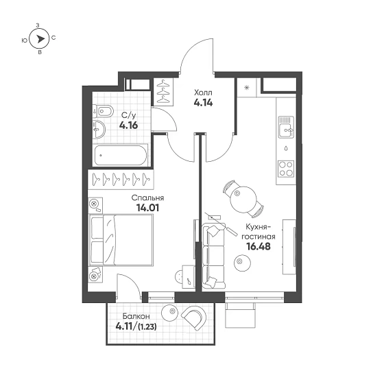 Квартира 1-комн. 40.03 кв. м