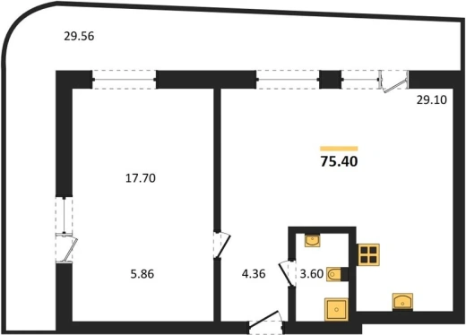 Квартира 1-комн. 75.4 кв. м