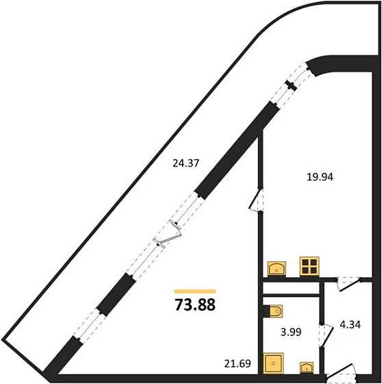 Апартаменты 1-комн. 73.88 кв. м