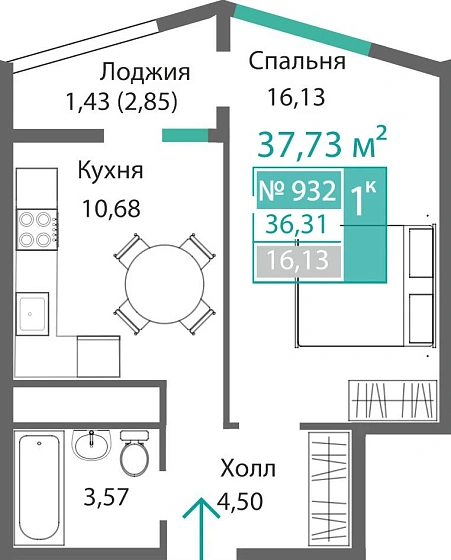 Квартира 1-комн. 36.31 кв.м