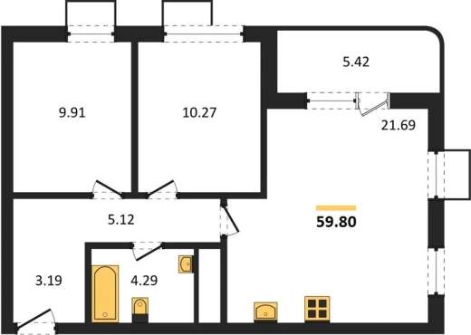 Квартира 2-комн. 59.8 кв. м
