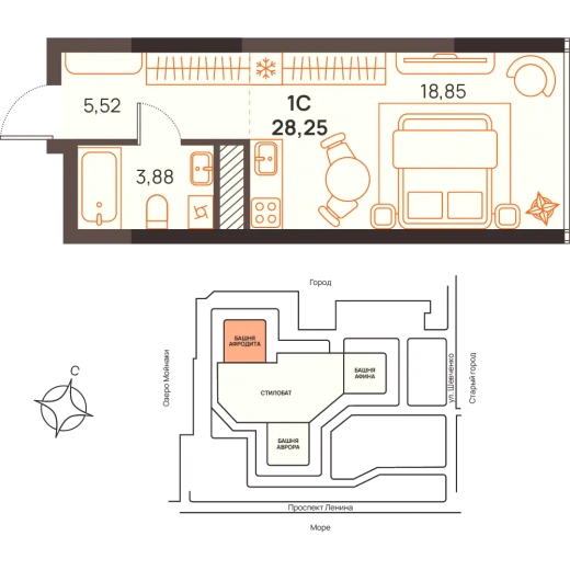 Квартира Студия 28.25 кв. м