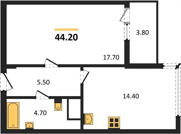 Квартира 1-комн. 44.2 кв. м