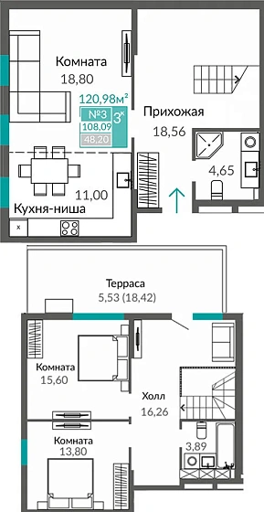 Квартира 3-комн. 108.09 кв.м